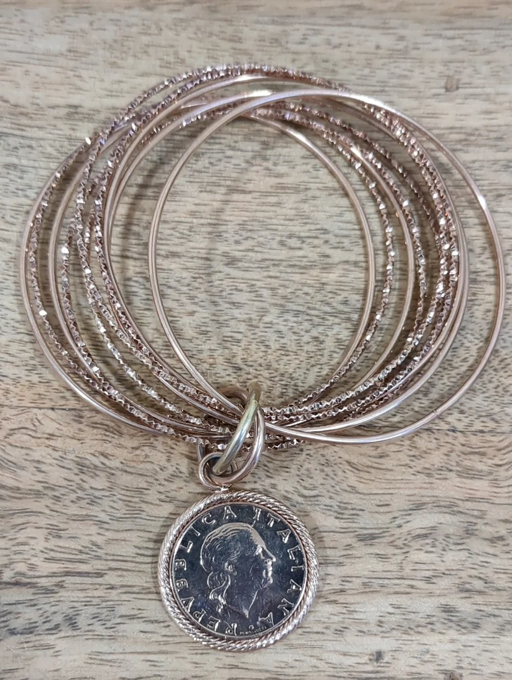 MILOR Italy Bronze Multi-Textured Bangle Bracelet with Coin Charm